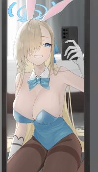 Rule 34 | 1girl, absurdres, animal ears, asuna (blue archive), asuna (bunny) (blue archive), asymmetrical bangs, blonde hair, blue archive, blue bow, blue bowtie, blue eyes, blue halo, blue leotard, bow, bowtie, breasts, cellphone, commentary, fake animal ears, gangjeong, gloves, hair over one eye, halo, highres, indoors, leotard, long hair, mirror, mole, mole on breast, official alternate costume, pantyhose, phone, playboy bunny, selfie, strapless, strapless leotard, thighband pantyhose, traditional bowtie, untranslatable commentary, white gloves