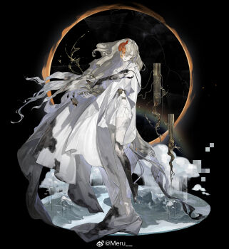 1girl absurdres ancient_greek_clothes bare_arms barefoot black_background black_feet black_hands blonde_hair book burning burning_paper burnt_clothes casting_spell chinese_commentary chiton cloud collarbone colored_extremities commentary eclipse expressionless fire flaming_eye floating floating_hair floating_object full_body gradient_hair greco-roman_clothes green_eyes hair_between_eyes heraclitus_(pgr) highres holding holding_book liquid_metal long_hair looking_at_viewer magic meru02295238 mountain multicolored_hair open_book parted_lips plantar_flexion punishing:_gray_raven rain river runes side_slit sideless_outfit simple_background simple_bird solar_eclipse solo standing tachi-e very_long_hair watermark weibo_username weibo_watermark white_hair