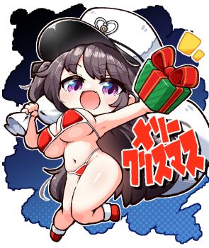 1girl armpits azur_lane bikini black_hair box breasts chibi christmas commentary_request fang gift gift_box hat highres holding holding_sack kado_(hametunoasioto) large_breasts looking_at_viewer notice_lines one_side_up open_mouth pamiat_merkuria_(azur_lane) peaked_cap purple_eyes red_bikini red_shoes sack shoes skin_fang solo swept_bangs swimsuit white_hat