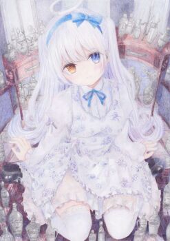 1girl apron blush breasts colored_pencil_(medium) darkkanan deaf disability dress eyes_visible_through_hair hairband halo head_tilt hearing_aid heterochromia highres indoors kneeling long_sleeves looking_at_viewer mary_janes original painting_(medium) see-through_clothes shoes solo thighhighs thighs traditional_media twintails watercolor_(medium) white_dress white_hair white_thighhighs