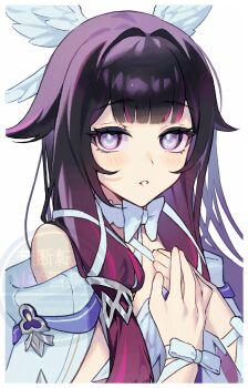 Rule 34 | 1girl, absurdres, bare shoulders, black hair, blunt bangs, bow, closed mouth, columbina (genshin impact), commentary request, dress, fatui coat, genshin impact, hair ornament, hands on own chest, hands up, head wings, highres, long hair, mt gnsn, multicolored hair, multiple wings, own hands together, portrait, purple hair, purple streaks, ribbon, simple background, solo, streaked hair, white background, white dress, white wings, wing hair ornament, wings, wrist bow