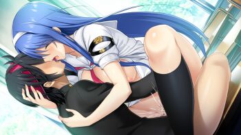 Rule 34 | 1boy, 1girl, black hair, black shirt, blue hair, bottomless, breasts, choukou (alicesoft), choukou shinki ixseal, choukou taisen escalation heroines, closed eyes, cum, cum in pussy, desk, ellis xillia, game cg, ikusabe tokisada, kiss, large breasts, long hair, on desk, onigirikun, open mouth, sex, shirt, sitting, straddling, vaginal