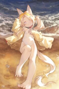1girl absurdly_long_tail absurdres animal_ear_fluff animal_ears arm_above_head arm_up bare_legs bare_shoulders barefoot beach blonde_hair blue_archive blush choker clothing_cutout covered_navel dated diamond_cutout extra_ears feet fox_ears fox_girl fox_tail hand_on_own_chest highleg highleg_one-piece_swimsuit highres holding holding_removed_eyewear jacket knee_up loli long_hair long_sleeves lying no_eyewear no_halo ocean off_shoulder on_back one-piece_swimsuit outdoors parted_lips purple_eyes red_choker sand seia_(blue_archive) seia_(swimsuit)_(blue_archive) side_ponytail sidelocks sleeves_past_wrists soles solo sunglasses swimsuit tail tail_ornament thighs tilted_head tinted_eyewear toenails toes tsukibara unworn_eyewear very_long_hair visor_cap water white_one-piece_swimsuit yellow_jacket