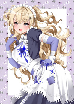 1girl apron blonde_hair blue_dress blue_eyes burnt_clothes cowgirl_position dress elbow_gloves frilled_jacket frills gloves grey_gloves hair_ornament hairclip halloween_costume highres jacket kantai_collection looking_at_viewer maid maid_headdress minneapolis_(halloween)_(kancolle) minneapolis_(kancolle) patchwork_clothes patchwork_skin purple_background solo straddling two_side_up wavy_hair white_apron yomogi_dango zombie_costume