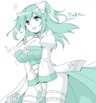 Rule 34 | 1girl, animal ears, arch bishop (ragnarok online), between legs, breasts, cat ears, cat girl, cleavage, cleavage cutout, clothing cutout, commentary request, cowboy shot, cross, dress, frilled thighhighs, frills, green theme, hand between legs, juliet sleeves, large breasts, long hair, long sleeves, looking at viewer, masaya ichika, monochrome, open mouth, puffy sleeves, ragnarok masters, ragnarok online, sash, simple background, smile, solo, thighhighs, two-tone dress