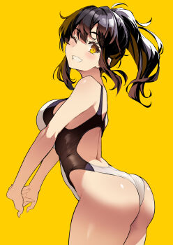 1girl ass back back_cutout bare_shoulders black_one-piece_swimsuit blush breasts brown_hair clothing_cutout competition_swimsuit cowboy_shot grin high_ponytail highleg highleg_one-piece_swimsuit highres interlocked_fingers kekemotsu large_breasts long_hair looking_at_viewer looking_back looking_to_the_side median_furrow one-piece_swimsuit one_eye_closed original ponytail sidelocks smile solo standing stretching swimsuit thighs two-tone_one-piece_swimsuit two-tone_swimsuit white_one-piece_swimsuit yellow_background yellow_eyes