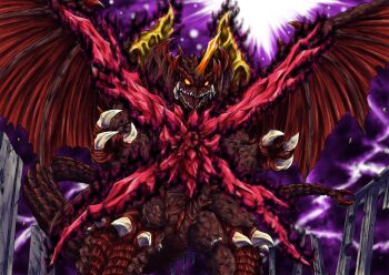 aura bat_wings character_request claws commentary_request creature dark_aura destoroyah extra_horns fangs giant giant_monster glowing glowing_eyes godziburst godzilla_(series) godzilla_vs._destoroyah head_wings highres horns kaiju king_destoroyah mandibles monster no_humans open_mouth oversized_wings road-579 scales sharp_teeth single_horn spiked_wings spikes spines tail teeth wings yellow_eyes