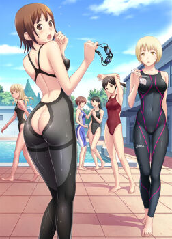 6+girls :d :o arena_(company) armpits arms_up asics ass ass_cutout back barefoot blonde_hair blush breasts brown_eyes brown_hair butt_crack clothing_cutout cloud competition_swimsuit covered_erect_nipples day feet from_behind goggles hand_on_shoulder highleg highleg_one-piece_swimsuit highres kuri_(kurigohan) legs long_hair looking_back multiple_girls no_eyes one-piece_swimsuit open_mouth outdoors ponytail pool poolside shadow short_hair skin_tight sky small_breasts smile speedo_lzr_racer standing starting_block stretching sweatdrop swimsuit toes tree vanishing_point walking wardrobe_malfunction wet yellow_eyes