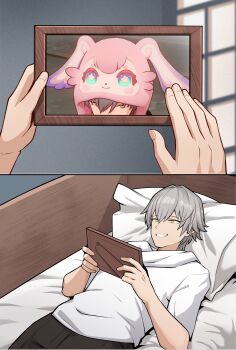 1boy absurdres bed black_pants blue_eyes bonz0616 caelus_(honkai:_star_rail) game_screenshot_inset highres honkai:_star_rail honkai_(series) mem_(honkai:_star_rail) on_bed pants picture_frame pillow shirt smile trailblazer_(honkai:_star_rail) white_shirt