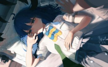 1boy 1girl :o absurdres ahoge black_hair blue_bow blue_eyes blue_hair blush bow commentary cup green_necktie highres indoors looking_at_viewer make_heroine_ga_oo_sugiru! necktie nukumizu_kazuhiko pleated_skirt shirt skirt sklt_(swyt8223) t-shirt wet wet_clothes white_shirt yanami_anna yellow_bow yukadon