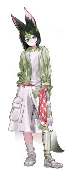1boy absurdres alternate_costume animal_ear_fluff animal_ears black_hair brown_eyes closed_mouth commentary drawstring fox_boy fox_ears fox_tail full_body genshin_impact green_eyes green_jacket green_streaks grey_shoes hair_between_eyes hands_in_pockets hashtag-only_commentary head_tilt highres jacket looking_at_viewer male_focus medium_hair multicolored_eyes multicolored_hair pants shirt shoes sil435 solo standing streaked_hair tail tighnari_(genshin_impact) two-tone_eyes white_pants white_shirt