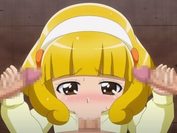 10s 1girl 3boys :&gt;= animated animated_gif artist_request blonde_hair blush brown_eyes censored duck_face fellatio group_sex hairband handjob kise_yayoi loli long_hair multiple_boys oral penis pov precure smile_precure! tears yellow_eyes