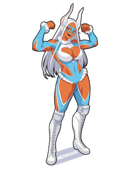 Rule 34 | 1girl, :d, animal ears, arms up, artist name, bare shoulders, blue leotard, boku no hero academia, boots, breasts, cleavage, cleavage cutout, clenched hands, clothing cutout, cosplay, covered navel, dark-skinned female, dark skin, domino mask, elbow cutout, eye mask, flexing, frills, full body, hands up, heart cutout, knee boots, large breasts, leotard, long eyelashes, long hair, looking at viewer, mask, meziosaur, mirko, open mouth, parted bangs, rabbit ears, rabbit girl, rabbit tail, rainbow mika, rainbow mika (cosplay), red eyes, shoulder cutout, simple background, smile, solo, street fighter, tail, tail through clothes, thick thighs, thighs, toned, toned female, white background, white boots, white hair, wrestling mask, wrestling outfit