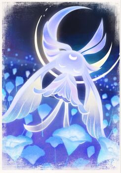 blue_flower blue_skin border closed_eyes colored_skin commentary_request creature creature_focus crescent facial_mark field floating flower flower_field forehead_mark full_body genshin_impact highres luonnotar_(genshin_impact) no_humans stern_(stern_dream) white_border