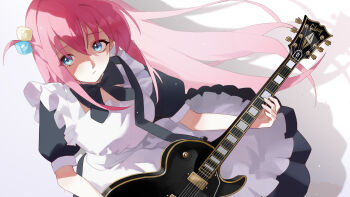 1girl absurdres apron black_bow blue_eyes bocchi_the_rock! bow breasts closed_mouth commentary_request cube_hair_ornament gotoh_hitori guitar hair_ornament highres holding holding_guitar holding_instrument instrument large_breasts long_hair maid_apron one_side_up phant_ash pink_hair solo white_apron