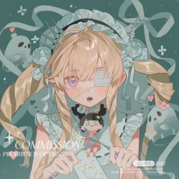 Rule 34 | 1girl, bao rong, blush, character doll, doll, drill hair, eyelashes, eyepatch, flower, fork, frills, ghost, hair flower, hair ornament, headdress, highres, holding, holding fork, holding knife, knife, long sidelocks, looking at viewer, medical eyepatch, one eye covered, open mouth, original, purple eyes, ribbon, sidelocks, solo focus, square, teeth, twin drills, two side up, upper body, white flower, white headdress, white ribbon