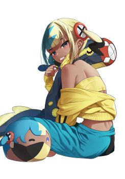 1girl absurdres bandeau blunt_bangs canari_(pokemon) character_doll commentary doll eelektross gen_5_pokemon grey_eyes grin hand_up highres jacket long_sleeves looking_to_the_side mask mask_pull mouth_mask multicolored_hair nail_polish nintendo obi3 off_shoulder pants pokemon pokemon_legends:_z-a shoulder_blades simple_background sitting smile teeth twintails white_background yellow_bandeau yellow_jacket yellow_nails