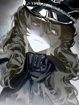 Rule 34 | 1girl, black hat, black shirt, brown hair, closed mouth, commentary, corvus (reverse:1999), english commentary, grey background, grey hair, hat, head tilt, highres, long hair, looking at viewer, muted color, peaked cap, portrait, reverse:1999, shirt, solo, stitched face, stitches, wilson (wilson1151487)