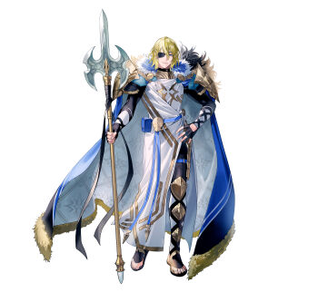 1boy absurdres armor artist_request black_gloves black_pants blonde_hair blue_cape blue_eyes cape closed_mouth commentary_request dimitri_alexandre_blaiddyd dimitri_alexandre_blaiddyd_(king_of_faerghus) dimitri_alexandre_blaiddyd_(king_of_faerghus)_(resplendent) dimitri_alexandre_blaiddyd_(timeskip) eyepatch fingerless_gloves fire_emblem fire_emblem:_three_houses fire_emblem_heroes full_body fur-trimmed_cape fur_trim gloves highres holding holding_polearm holding_weapon lance looking_at_viewer male_focus nintendo official_alternate_costume official_art one_eye_covered pants polearm robe sandals shoulder_armor simple_background smile solo weapon white_background white_robe