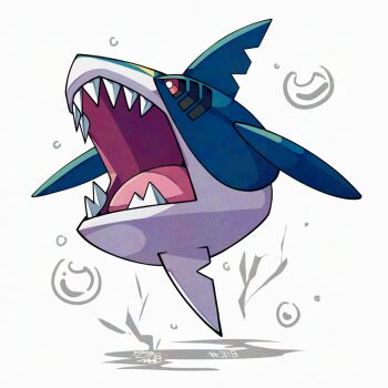 Rule 34 | bubble, full body, gen 3 pokemon, mistray-art, nintendo, numbered, open mouth, pokemon, pokemon (creature), red eyes, shark, sharp teeth, sharpedo, signature, solo, teeth, white background