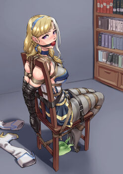 1girl 1other armbinder arms_behind_back ball_gag bare_shoulders bdsm blonde_hair bondage bound bound_ankles bound_arms bound_legs bound_torso breasts chair chair_bondage crotch_rope drooling female_focus full_body gag gagged highres indoors leather_strap looking_at_viewer medium_breasts original pantyhose purple_eyes restrained root001 saliva saliva_trail shibari shibari_over_clothes shoes sitting skindentation slime_(creature) soles solo_focus spread_toes sweat tickling toes unworn_shoes