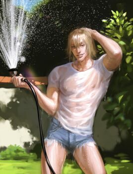 annas_anya bleach blonde_hair bush commentary covered_navel cowboy_shot denim denim_shorts english_commentary hair_between_eyes hand_on_own_head highres holding holding_hose hose leaf legs lens_flare looking_at_viewer male_focus muscular muscular_male navel nipples outdoors pectorals shirt short_hair short_shorts shorts sky smile solo stomach teeth thighs urahara_kisuke water wet wet_clothes wet_shirt