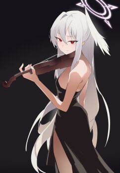 1girl absurdres bare_arms black_background black_dress blue_archive closed_mouth dress from_side halo head_wings highres holding holding_instrument instrument long_hair looking_at_viewer looking_to_the_side pink_halo simple_background single_head_wing smile solo strapless strapless_dress suzumi_(blue_archive) toriko_(honmono) very_long_hair white_hair wings