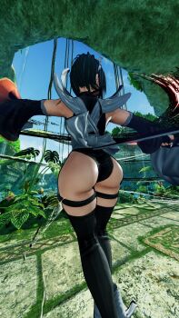 1girl 3d apron ass ass_focus black_leotard breasts butt_crack curvy forest from_below highleg highleg_leotard highres huge_ass iroha_(samurai_spirits) large_breasts leotard maid nature outstretched_arms ryona samurai_spirits shiny_skin short_hair sideboob skindentation solo thighhighs third-party_edit thong_leotard white_apron wide_hips