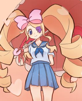 1girl blonde_hair blue_neckerchief blue_sailor_collar bow colored_eyepatch drill_hair eyepatch harime_nui hashikure heart holding holding_umbrella honnoji_academy_school_uniform kill_la_kill long_hair long_sidelocks neckerchief pink_background pink_bow pleated_skirt sailor_collar school_uniform shirt sidelocks skirt smile twin_drills twintails umbrella white_shirt