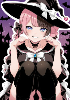 1girl bat_(animal) black_dress black_ribbon black_thighhighs blue_gemstone blush border bow braid breasts brown_bow brown_nails burnt_hair collarbone commentary dress eqbal_lynx fingernails frilled_dress frills gem grin hair_bow hair_ribbon halloween hat heart heart_collar heart_necklace highres jewelry knees_up large_breasts long_hair looking_at_viewer multicolored_hair nail_polish neck_ribbon necklace night paw_pose pink_hair pink_lips pink_ribbon purple_eyes purple_sky ribbon short_sleeves sky smile solo tachibana_hinano teeth thighhighs twin_braids twintails two-tone_hair virtual_youtuber vspo! white_border white_bow witch_hat