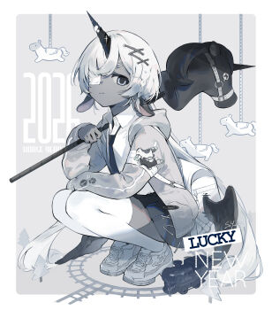 1girl 2026 absurdres animal_ears bag black_necktie black_skirt chinese_zodiac colored_skin commentary dated eyepatch full_body grey_background grey_eyes grey_jacket grey_skin highres hobby_horse horse_ears jacket long_hair looking_at_viewer medical_eyepatch necktie new_year original satchel shirt shoes skirt sneakers solo soyoong_jun squatting thighhighs toy_train unicorn_girl unicorn_horn very_long_hair white_hair white_shirt white_thighhighs year_of_the_horse