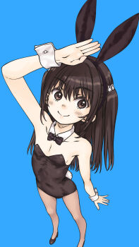 1girl animal_ears arm_up black_eyes black_hair black_leotard flat_chest focke_wulf from_above highres leotard long_hair looking_at_viewer original pantyhose playboy_bunny rabbit_ears smile solo