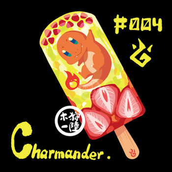 black_background blue_eyes character_name charmander commentary_request fangs fire flame-tipped_tail food food_focus fruit gen_1_pokemon kariki_hajime looking_at_viewer nintendo no_humans pokedex_number pokemon pokemon_(creature) popsicle strawberry tail translation_request