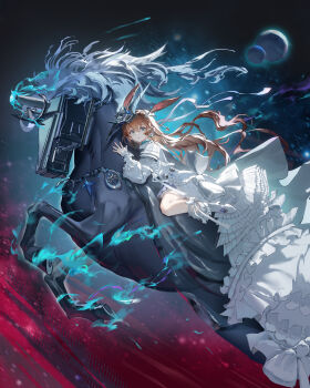 1girl abstract_background absurdres amiya_(arknights) amiya_(guard)_(arknights) amiya_(guard)_(in_a_myriad_of_universes)_(arknights) animal_ears arknights blue_eyes boots brown_hair dress earrings flying_burrito_cat highres horse horseback_riding jewelry long_dress long_hair lying mechanical_horse multiple_rings on_stomach open_mouth rabbit_ears riding ring solo very_long_hair white_boots white_dress