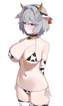 1girl :/ absurdres animal_print arms_behind_back bell bikini black_collar blue_eyes breasts brown_dust_(series) brown_dust_2 closed_mouth collar commentary cow_horns cow_print cow_print_bikini cow_print_gloves cow_print_thighhighs cowbell cowboy_shot double-parted_bangs ear_tag gloves grey_hair hair_between_eyes highres holypotato0 horns korean_commentary large_breasts micro_bikini mole mole_on_breast navel neck_bell official_alternate_costume print_bikini print_gloves print_thighhighs short_hair side-tie_bikini_bottom simple_background skindentation solo standing stomach string_bikini swimsuit teresse_(brown_dust) thighhighs white_background