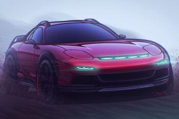 Rule 34 | car, commentary request, cyberpunk, dirt, kai55, mazda, mazda rx-7, mazda rx-7 fd, motor vehicle, no humans, original, red car, signature, simple background, spoiler (automobile), sports car, vehicle focus