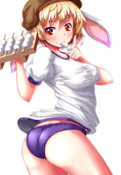 Rule 34 | 1girl, alternate costume, animal ears, arched back, ass, blonde hair, blue buruma, breasts, buruma, dango, eating, female focus, floppy ears, food, gym uniform, hair between eyes, hat, highres, index finger raised, looking at viewer, medium breasts, puffy short sleeves, puffy sleeves, rabbit ears, red eyes, ringo (touhou), shirt, short hair, short sleeves, solo, thighs, touhou, wagashi, white shirt, zan (harukahime)