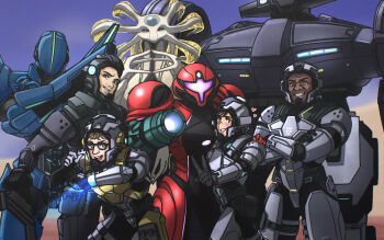2girls 2others 5boys alien arm_cannon armor black_hair blush crossed_arms dark-skinned_male dark_skin everyone ezra_duke facing_viewer freckles galactic_federation_trooper ganbaru_kari glasses grin heart height_difference helmet highres lamorn looking_at_viewer metroid metroid_prime_4:_beyond multiple_boys multiple_girls multiple_others myles_mackenzie nintendo nora_armstrong outstretched_arm power_armor power_suit_(metroid) reger_tokabi robot samus_aran short_hair smile sylux_(metroid) tall_female v vi-o-la_suit visor_lift vue-995 weapon yuri