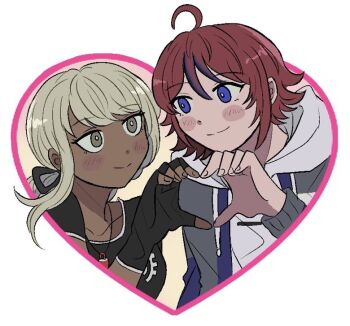 1boy 1girl black_gloves black_hair blush_stickers commentary commission couple dark-skinned_female dark_skin english_commentary fingerless_gloves gloves grey_eyes grey_hair heart heart_hands heart_hands_duo hood hood_down hoodie kawana_tsubasa long_hair looking_at_another multicolored_hair nana_(7starssovereign) purple_eyes red_hair second-party_source smile streaked_hair sumino_takumi the_hundred_line_-last_defense_academy- two-tone_hair
