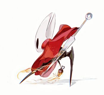 1girl arthropod_girl artist_name chromatic_aberration cloak commentary film_grain from_side full_body halftone highres hightguy holding holding_weapon hollow_eyes hollow_knight hollow_knight:_silksong horned_mask hornet_(hollow_knight) leaning_forward looking_ahead mask needle_(hollow_knight) no_mouth profile red_cloak simple_background solo symbol-only_commentary weapon white_background white_mask