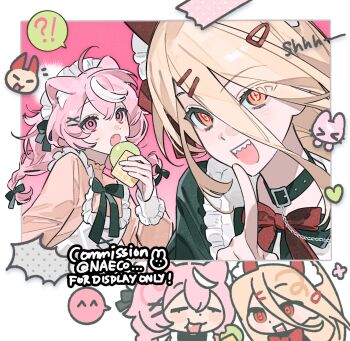 ! 2girls animal_ears apron blonde_hair bow bowtie cat_ears cat_girl chainsaw_man chibi chibi_inset collar commentary_request cross-shaped_pupils demon_girl demon_horns evodtonaeco food hair_between_eyes hair_ornament hairclip highres holding holding_food horns long_hair looking_at_viewer maid maid_apron maid_headdress multiple_girls open_mouth pink_eyes pink_hair power_(chainsaw_man) red_bow sharp_teeth smile symbol-shaped_pupils teeth