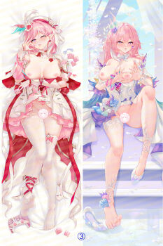 2girls ;p aqua_hair beret blush breasts censored cirnos commentary_request company_connection condom condom_wrapper controller cyrene_(honkai:_star_rail) cyrene_(ripples_of_past_reverie)_(honkai:_star_rail) dakimakura_(medium) diamond-shaped_pupils diamond_(shape) dress earrings elf elysia_(hi_love_elf)_(honkai_impact) elysia_(honkai_impact) flower game_controller hair_flower hair_ornament hat heart heart_hands high_heels highres honkai:_star_rail honkai_(series) honkai_impact_3rd inoue_marina jewelry large_breasts licking_lips long_hair lying merchandise_available multicolored_hair multiple_girls nipples no_panties on_back one_eye_closed pink_hair pointy_ears purple_eyes red_dress single_bare_foot single_hiphigh smile soles symbol-shaped_pupils thighhighs toes tongue tongue_out two-tone_dress two-tone_hair used_condom very_long_hair voice_actor_connection white_dress white_hair white_thighhighs yanning