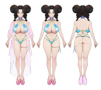 1girl a-pose absurdres ass blue_one-piece_swimsuit breasts brown_dust_(series) brown_dust_2 brown_eyes brown_hair closed_mouth diana_(brown_dust) double_bun flip-flops from_behind full_body glasses groin hair_bun highres jacket large_breasts lips looking_at_viewer medium_hair mole mole_under_mouth multiple_views navel one-piece_swimsuit pearl_thong pink_jacket pink_sandals round_eyewear sandals see-through_clothes see-through_jacket shiny_skin simple_background snorkel14 stomach swimsuit wedgie white_background