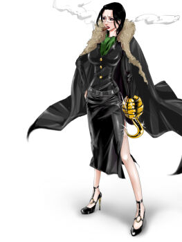 1girl amputee bad_id bad_pixiv_id belt black_eyes black_hair cape cigar crocodile_(one_piece) erichika female_focus full_body genderswap genderswap_(mtf) hand_on_own_hip high_heels hip_focus hook hook_hand legs lips lipstick makeup one_piece scar scarf shoes side_slit skirt smoking solo standing stitches