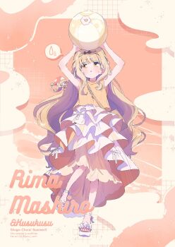 Rule 34 | 2girls, :o, ^ ^, alternate costume, arms up, artist name, bag, ball, bare arms, bare shoulders, beachball, belt buckle, black bow, blonde hair, blouse, blunt bangs, bodysuit, border, bow, brown bag, buckle, character name, chibi, closed eyes, cloud, clown, copyright name, copyright notice, eyes visible through hair, fashion, frilled footwear, frilled skirt, frills, full body, hair bow, hat, highres, holding, holding ball, jester cap, kusu kusu (shugo chara!), layered skirt, light blush, long hair, long skirt, long sleeves, looking at viewer, mashiro rima, mini person, minigirl, multicolored skirt, multiple girls, object on head, open mouth, orange background, orange shirt, orange skirt, outside border, parted lips, polka dot bodysuit, polka dot headwear, pom pom hat ornament, red bodysuit, red hat, sandals, serizawa serizane, shirt, shoulder bag, shugo chara!, sidelocks, skirt, sleeveless, sleeveless shirt, smile, solo focus, sparkle, spoken sweatdrop, sweat, sweatdrop, toes, two-sided fabric, two-sided skirt, v-shaped eyebrows, very long hair, water, wavy hair, white border, white footwear, white skirt, yellow eyes, yellow skirt