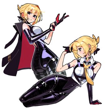 1girl absurdres adjusting_clothes adjusting_gloves arm_strap armband ass bare_shoulders black_coat black_pants blonde_hair blush breasts bug chest_harness closed_mouth coat coat_on_shoulders collar earrings elbow_gloves evelyn_chevalier from_side glove_pull gloves hair_ornament hair_up half_gloves hand_on_floor hand_on_own_head harness high-waist_pants highres insect jewelry kaatokun latex_pants long_ribbon looking_at_viewer looking_to_the_side mole mole_under_eye moth moth_hair_ornament necktie pants purple_eyes ring_hair_ornament see-through_clothes shirt simple_background single_elbow_glove single_half_glove solo sparkle thigh_strap tight_clothes tight_pants white_background white_shirt yellow_necktie zenless_zone_zero zipper