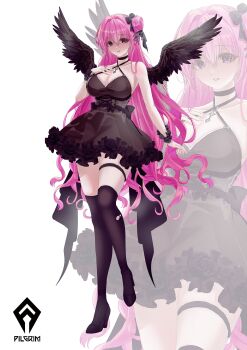 1girl absurdres bare_shoulders black_dress black_ribbon black_thighhighs black_wings braid breasts cleavage collarbone disgustingtokki dorothy_(nikke) dorothy_(nostalgia)_(nikke) dress feathered_wings goddess_of_victory:_nikke hair_bun hair_ribbon halter_dress halterneck hand_on_own_chest highres large_breasts logo long_hair official_alternate_costume pink_hair purple_eyes ribbon solo thigh_strap thighhighs wings zoom_layer
