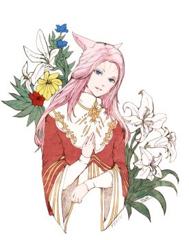 1girl amh_garanjy animal_ears artist_name blue_eyes blue_flower cat_ears cat_girl copyright_name facial_mark final_fantasy final_fantasy_xiv flower hand_on_own_chest lily_(flower) long_hair miqo&#039;te pink_hair red_flower ruka_(blueplus84) simple_background smile solo whisker_markings white_background white_flower yellow_flower