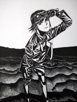 1girl afrika_korps black_gloves bob_cut bordfunker133 commentary_request cougar_pattern cougar_pattern_foulard cross desert foulard genderswap genderswap_(mtf) gloves goggles greyscale hand_up hans-joachim_marseille highres iron_cross jacket lapels leather leather_jacket looking_at_viewer luftwaffe marseille-chan_(bordfunker133) medium_hair military monochrome nazi notched_lapels open_clothes open_jacket original photo_(medium) real_life shading_eyes shorts shoulder_boards smile soldier solo swastika world_war_ii