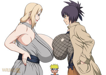 1boy 2girls age_difference breast_press breasts cleavage empty_eyes female_focus from_side highres huge_breasts looking_at_viewer mitarashi_anko multiple_girls naruho naruto_(series) onee-shota shota simple_background solid_circle_eyes symmetrical_docking tsunade_(naruto) tsurime uzumaki_naruto white_background